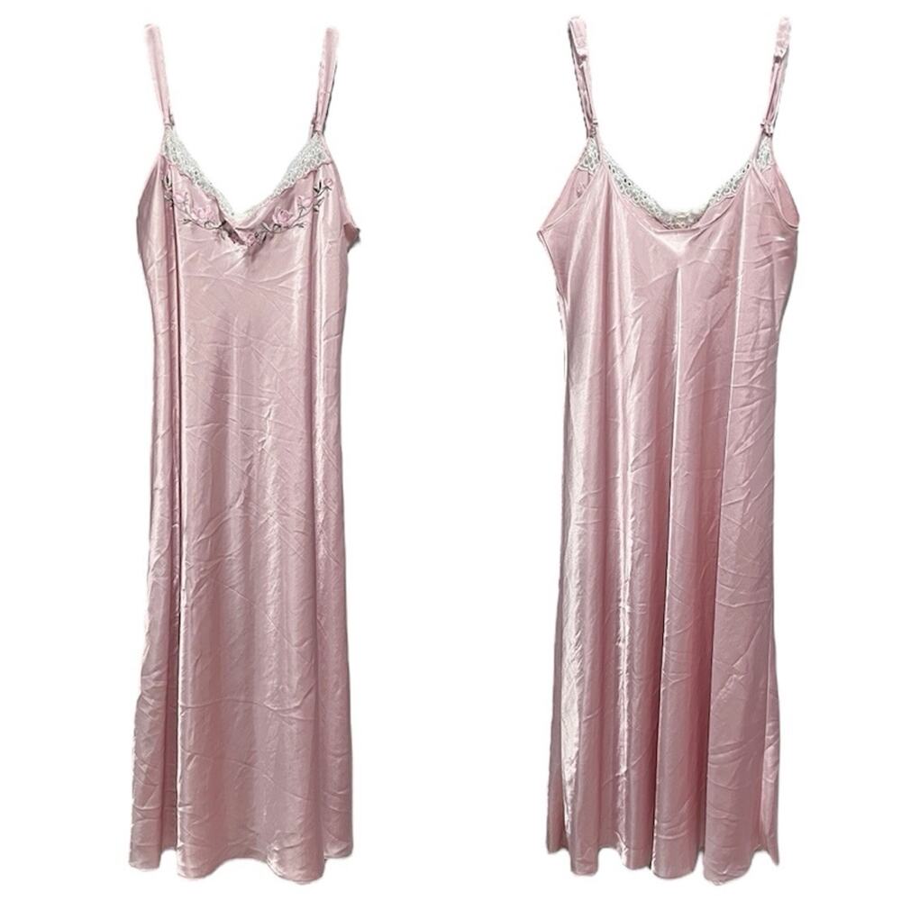 Coquette Feminine Morgan Taylor Slip Midi Dress Medium Pink Embroidered Roses